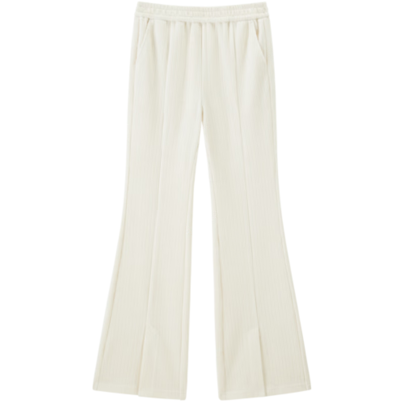 樂(lè )町垂感開(kāi)叉喇叭長(cháng)褲韓系顯瘦微喇褲雪尼爾休閑褲 星光米黃(現貨) S