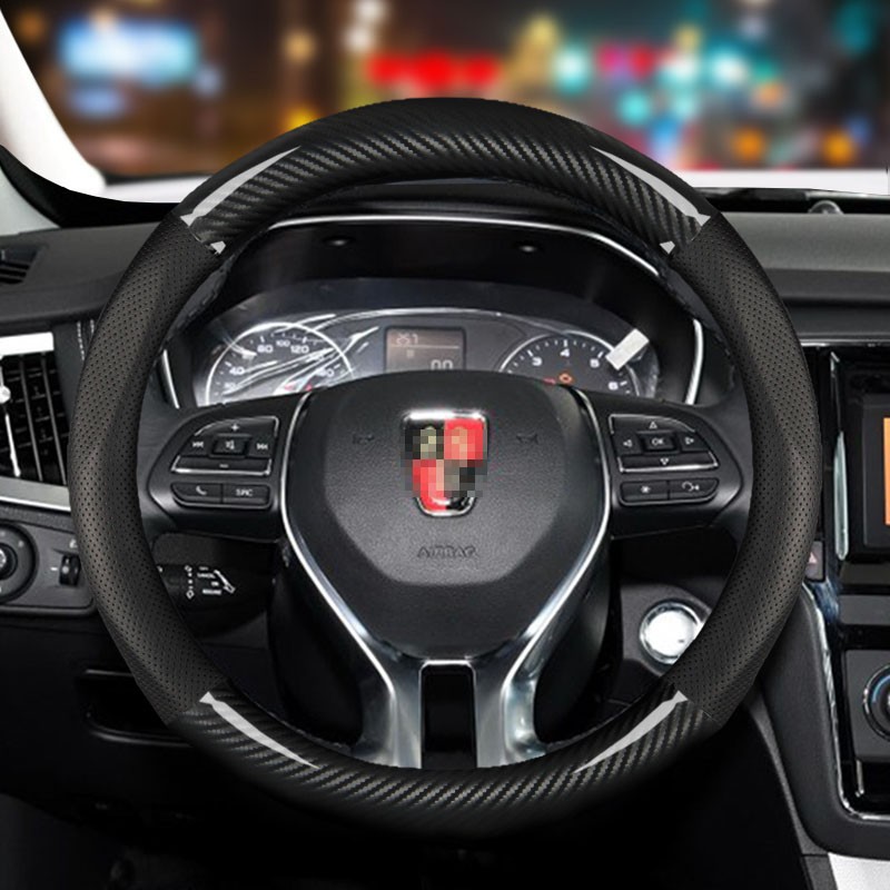 达珀德 方向盘套汽车真皮把套四季通用防滑专用碳纤牛皮免手缝 适用于 荣威RX5 RX3 荣威MAX RX8 i6 i5 圆型真皮碳纤【黑色款+运动标】