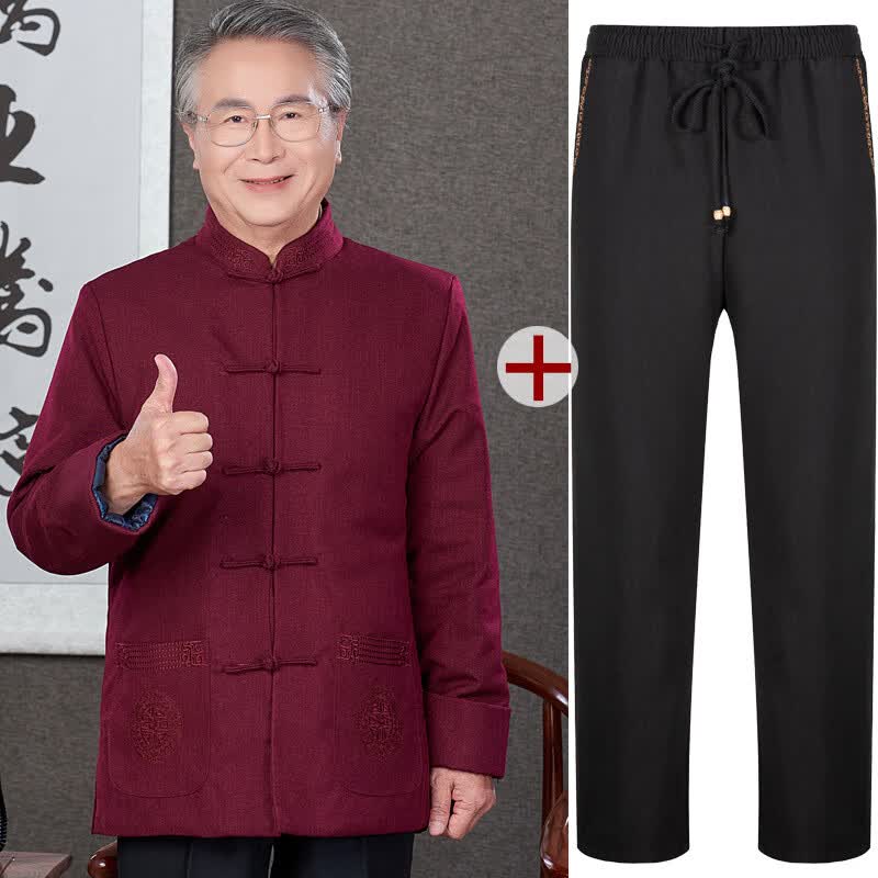 IMPRESSWIT喜公公婚宴衣服套装秋季新款国风爸爸本命年中老年爷爷唐装男棉袄 夹棉套装酒红 加棉加厚 L 适合120-135斤属于什么档次？