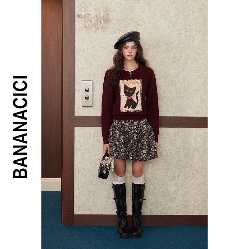 banana cici2024年冬季新款原创撞色猫咪刺绣针织衫安可拉红毛衣C244MY208 枣红(暗红) S