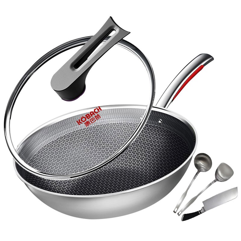 康巴赫炒锅316l不锈钢炒菜锅少油烟32cm配刀铲勺 康巴赫三代炒锅