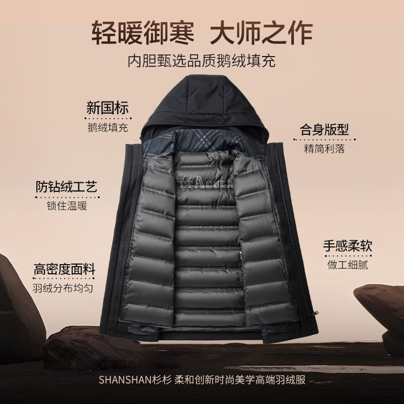 SHANSHAN杉杉【可拆卸内胆】羽绒服男秋冬鹅绒外套商务休闲男士羽绒三合一 藏青色 XL (180)