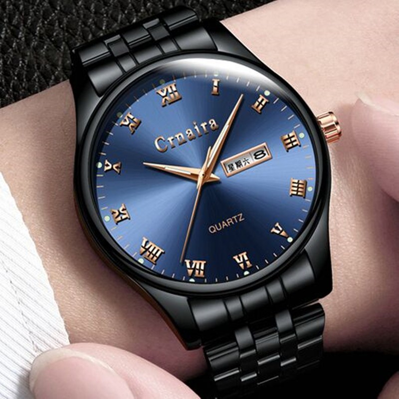 卡奈亚（Crnaira）品牌手表商务男表罗马刻度石英表男士多功能双日历夜光防水钢带潮 黑钢带蓝面