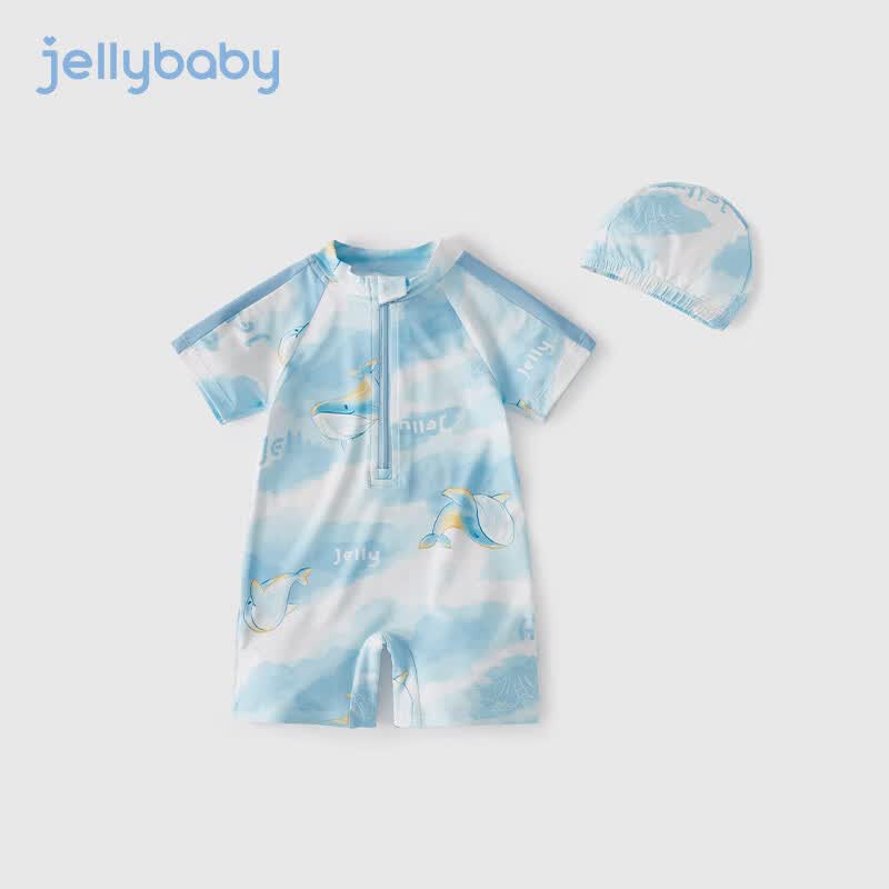 JELLYBABY宝宝连体游泳衣夏装2023新款时髦短袖泳装男童泳衣夏 蓝色 90cm高性价比高么？