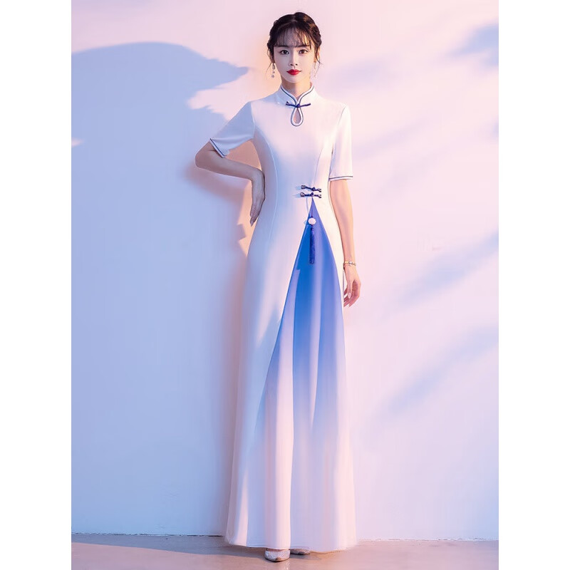 花九卿礼仪小姐礼服迎宾旗袍冬礼仪服装中式会主持人颁奖学生红歌朗诵