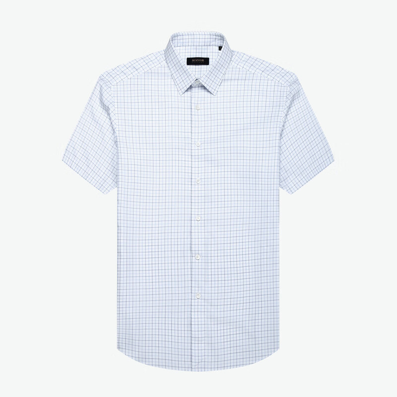 MAYOR男装衬衫 春夏ALUMO高支全棉面料大蓝白格商务短袖衬衫 蓝色 38