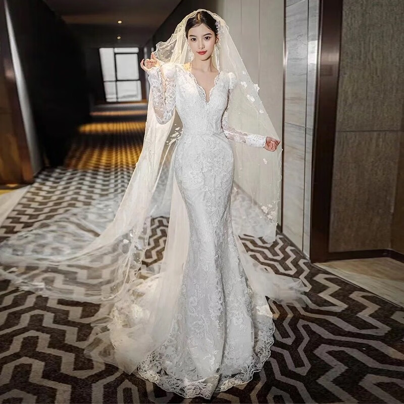 馨蘭芙曼魚(yú)尾婚紗新娘主紗法式蕾絲輕婚紗2024新款新娘氣質(zhì)長(zhǎng)袖迎賓出門(mén)紗 白色 S