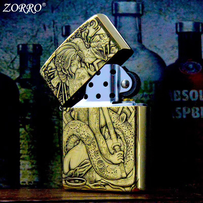 3d浮雕 老式砂轮防风个性创意打火机 3d浮雕蛇女白钢机芯【礼盒单机款