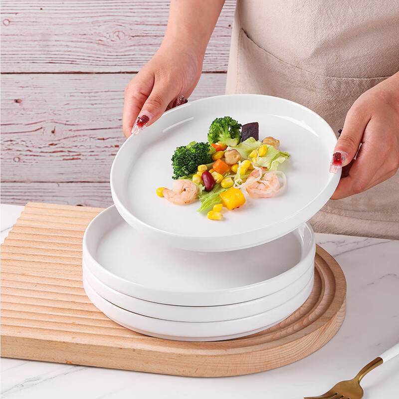 几物森林陶瓷盘家用白瓷盘子8英寸中式餐盘菜盘汤盘牛排盘水果盘4只装