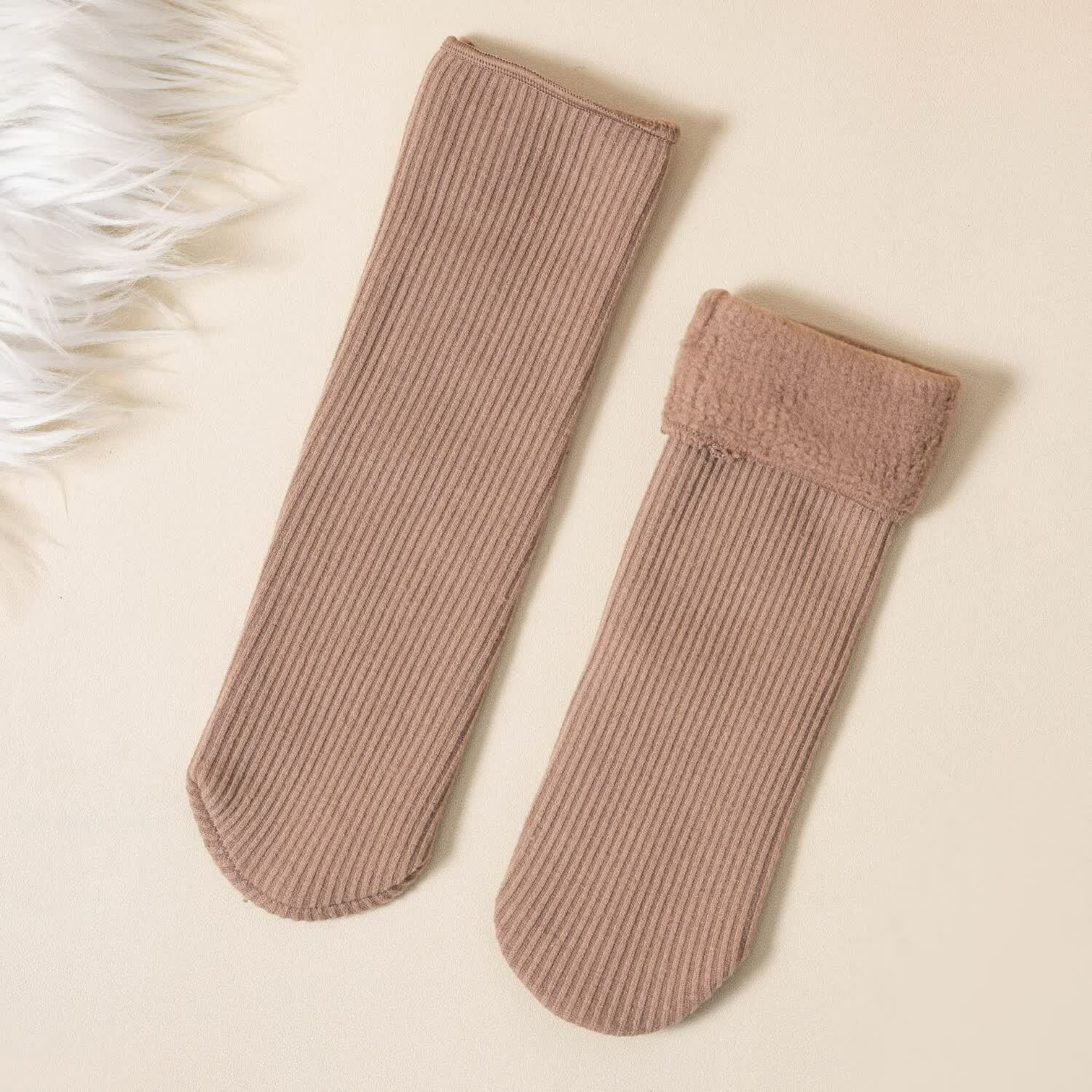秋冬季简约雪地袜加绒加厚袜子女防寒袜保暖中筒袜纯色睡眠地板袜 浅
