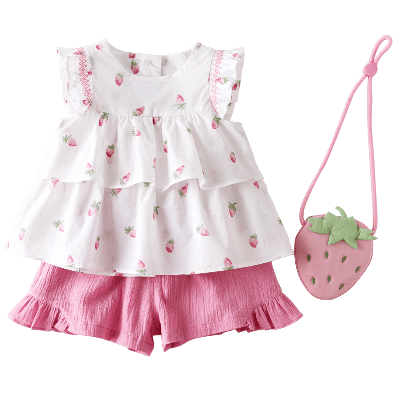 戴维贝拉童装女童套装：草莓印花让你爱上夏天