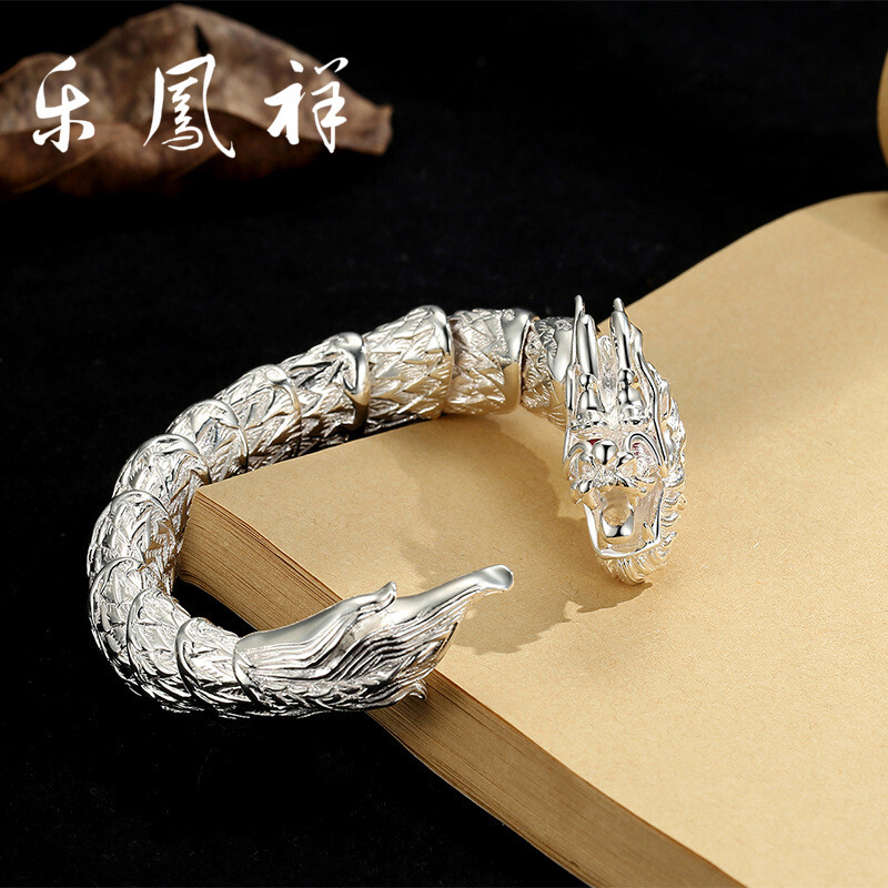 银手镯男士龙镯子复古霸气龙旋风个性s990足银手镯手工潮男银饰 银色