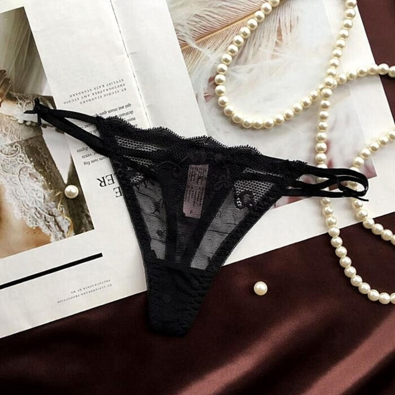高档t字丁字裤侧镂空细带性感低腰情趣透明内裤女短裤蕾丝网纱 黑色