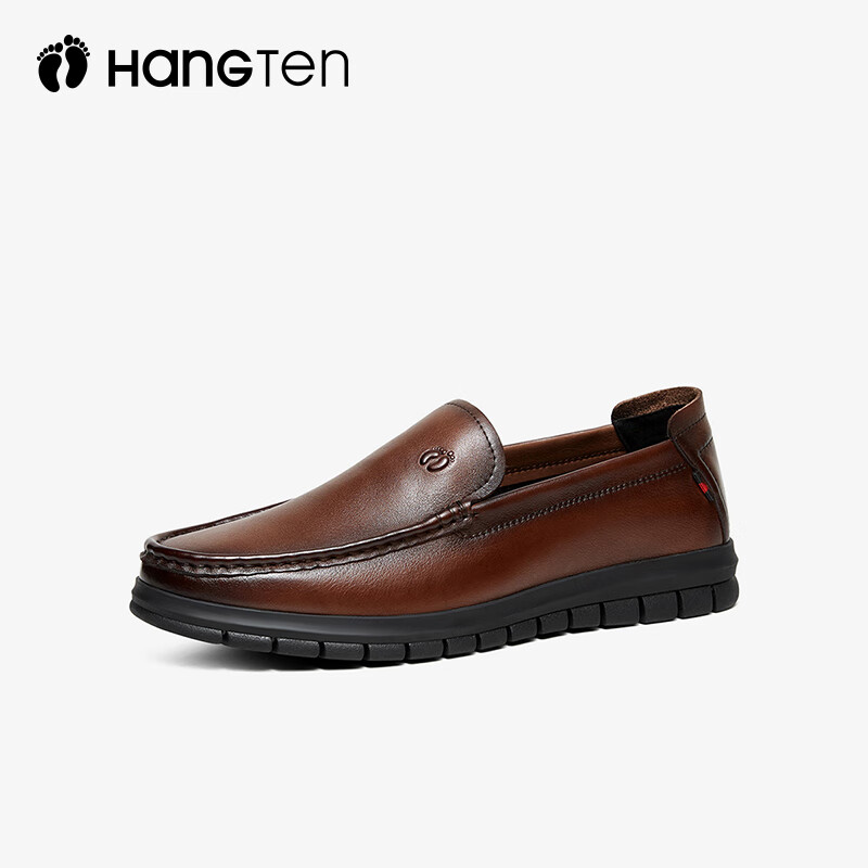 欢腾(HANG TEN)休闲皮鞋男真皮透气软底中年商务男士休闲鞋轻便防滑上班办公套脚 黑色 44