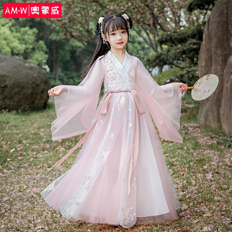 奥蒙威 女童汉服长袖古风连衣裙女孩中国风汉服襦裙春游民族风古装仙女裙 ER-RX-AL63830粉色一150属于什么档次？