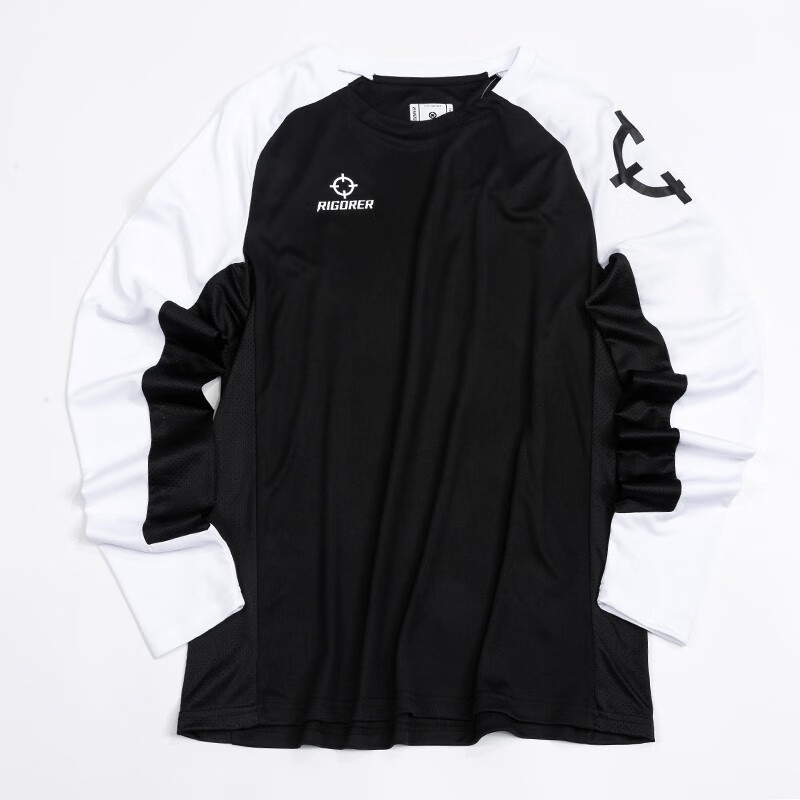 准者长袖t恤男式春夏新款速干衣跑步训练健身上衣圆领宽松透气打底衫 纯黑白【常规版】 S (170)