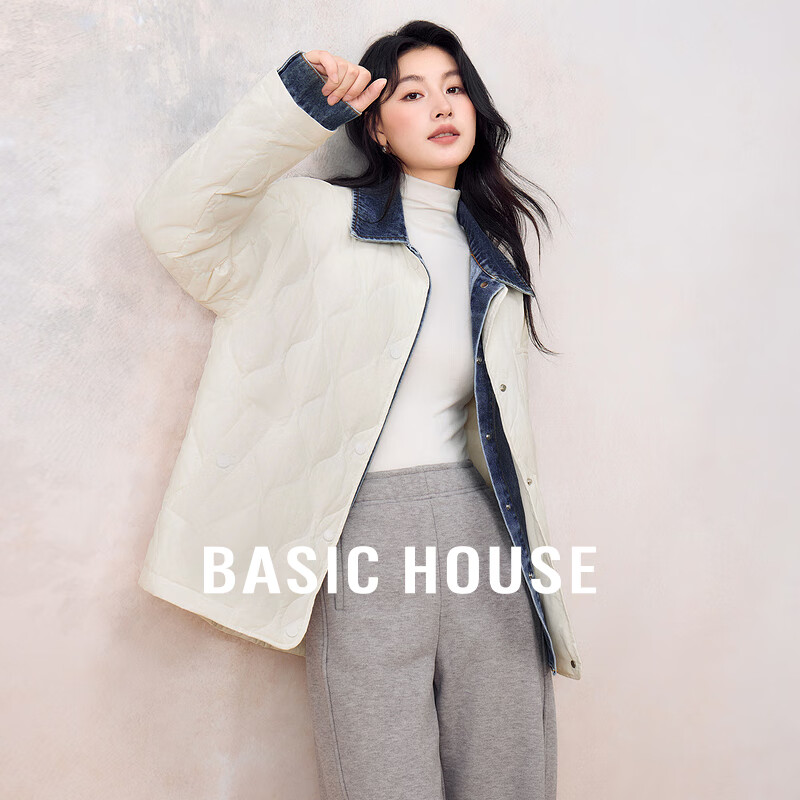 Basic House/百家好休闲百搭冬季新款宽松长袖翻领衬衫式羽绒服女 米白色 L