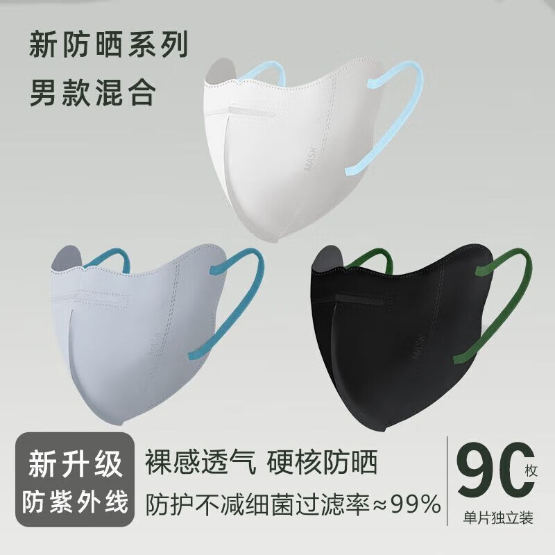 【JD健康】口罩3d立体防晒专用女高颜值防尘一次性护眼角 立体碟型男款三色混装-90枚