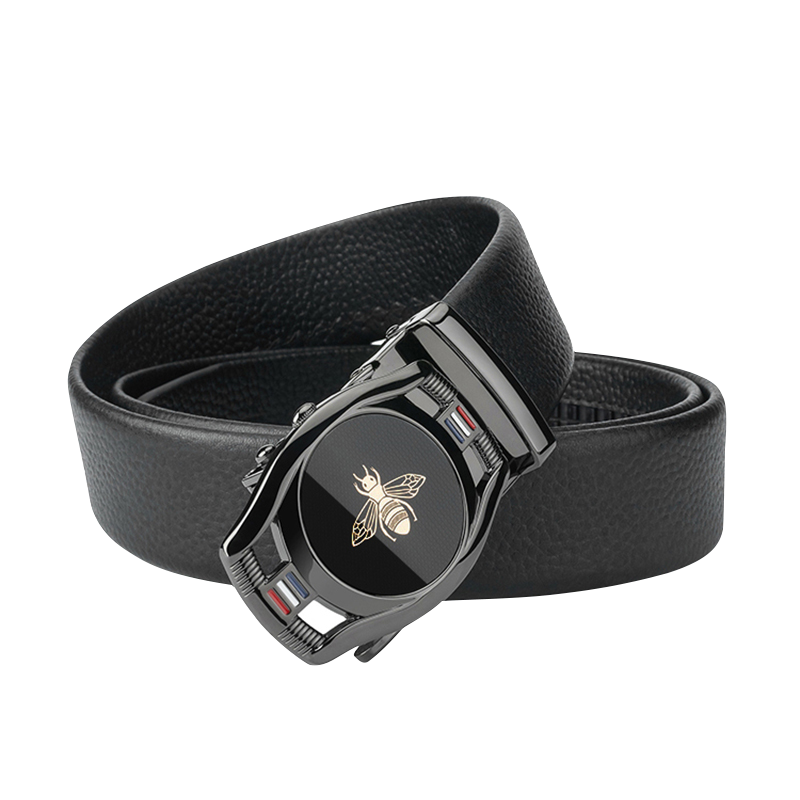 POACY真皮头层牛皮带 男士腰带捷豹子 情人节裤带男式款 礼盒装 852枪色扣头层牛皮黑身 115cm 【默认发115cm】