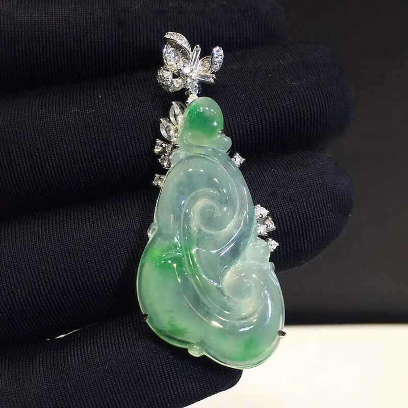 禧凤楼缅甸老坑a货翡翠冰种阳绿18k镶嵌翡翠事事如意吊坠女士 飘绿