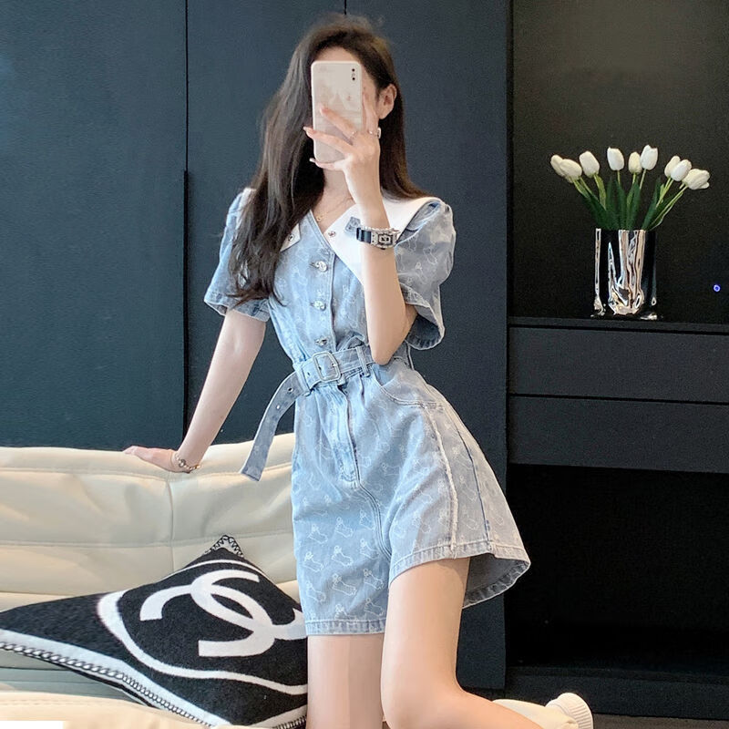 口旋牛仔連體褲女夏年新款時尚感小個子收腰工裝連體短褲短袖 藍(lán)色（預(yù)售） S 建議【70-100斤】