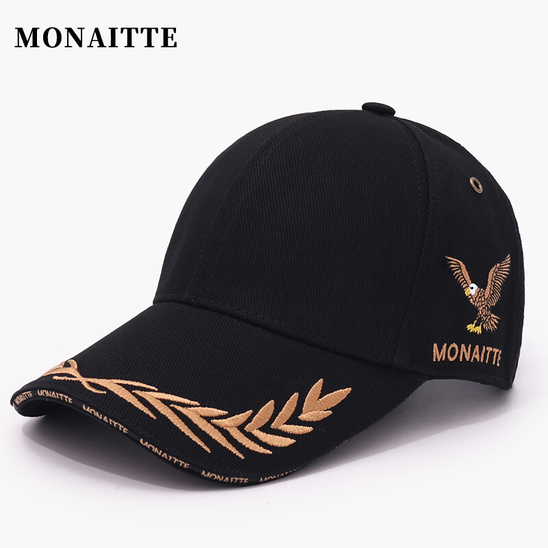 蒙奈特（MONAITTE）帽子男秋冬新款時尚鴨舌帽刺繡大頭圍遮陽硬頂防曬四季棒球帽女潮 黑金色 （四季款） 普通碼（54-60CM）