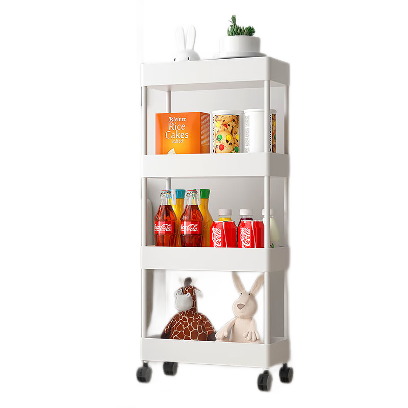 豪美佳 小推车置物架落地卧室客厅零食玩具浴室卫生间洗漱用品厨房调料家用可移动多层收纳架夹缝储物架子 四层22cm宽-珍珠白【带滑轮】