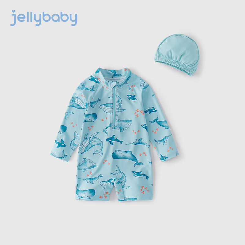 JELLYBABY儿童连体泳衣2024新款时髦长袖泳装夏装男童游泳衣 蓝色 100cm