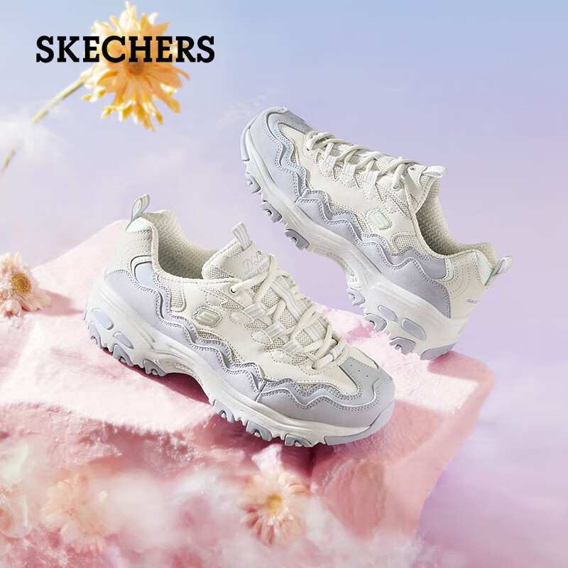 斯凯奇（Skechers）秋季女子黑白拼色老爹鞋休闲高回弹运动鞋蕾丝跑步熊猫鞋149792 白色/长春花色/WPW 37