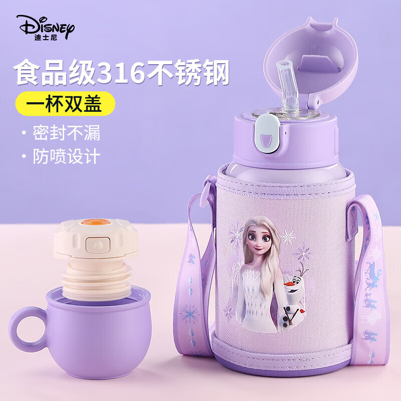 迪士尼（Disney）儿童保温杯吸管儿童水杯316不锈钢双盖女学生保温壶520ML冰雪公主