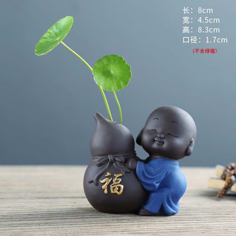 宇軒 紫砂創(chuàng)意小花器五福小童小和尚水培花插花瓶盆客廳茶寵擺件 五福小童之福（蘭衣）花器