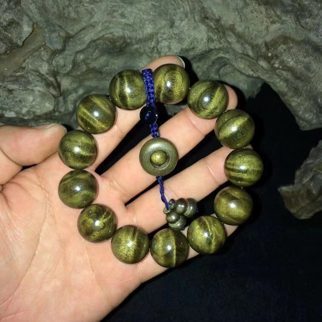金丝楠手串精品玻璃底水波纹阴沉木18mm*13颗老绿料乌木小叶桢楠 满