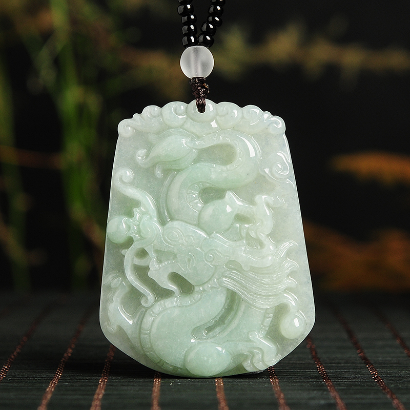 古甄轩天然翡翠a货龙牌吊坠吊牌浅绿色冰糯种玉牌