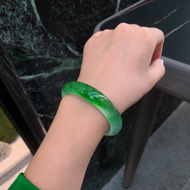 胖东来同款手镯翡翠飘花高冰种阳绿缅甸a货正圈玉石镯子圆条 绿色 辣绿 x 55号