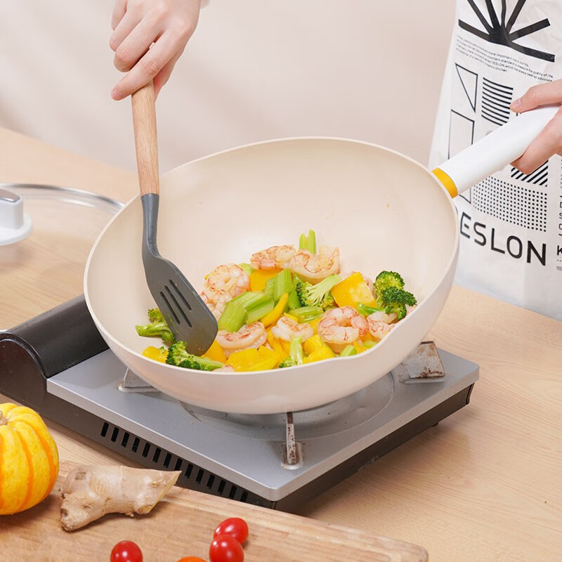 德世朗(DESLON)银月不锈钢不粘可视炒锅易洁少油烟麦饭石锅 电磁炉通用套锅 炒锅 30cm