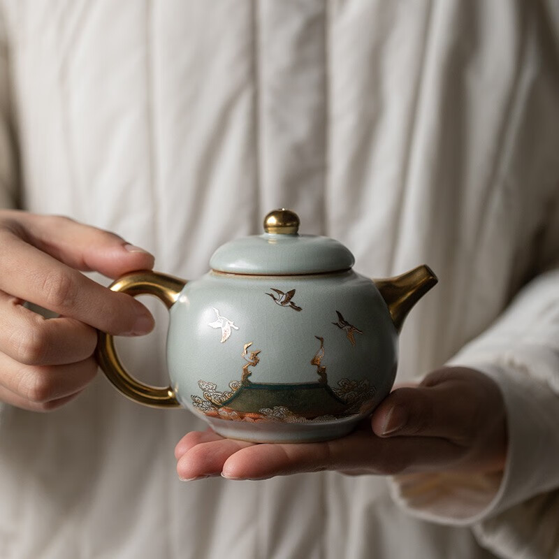 京峰阁 功夫茶具套装 茶壶汝窑瑞鹤呈祥盖碗茶杯可开片高档轻奢家用送礼 瑞鹤呈祥贵妃壶套装 6人饮 11件