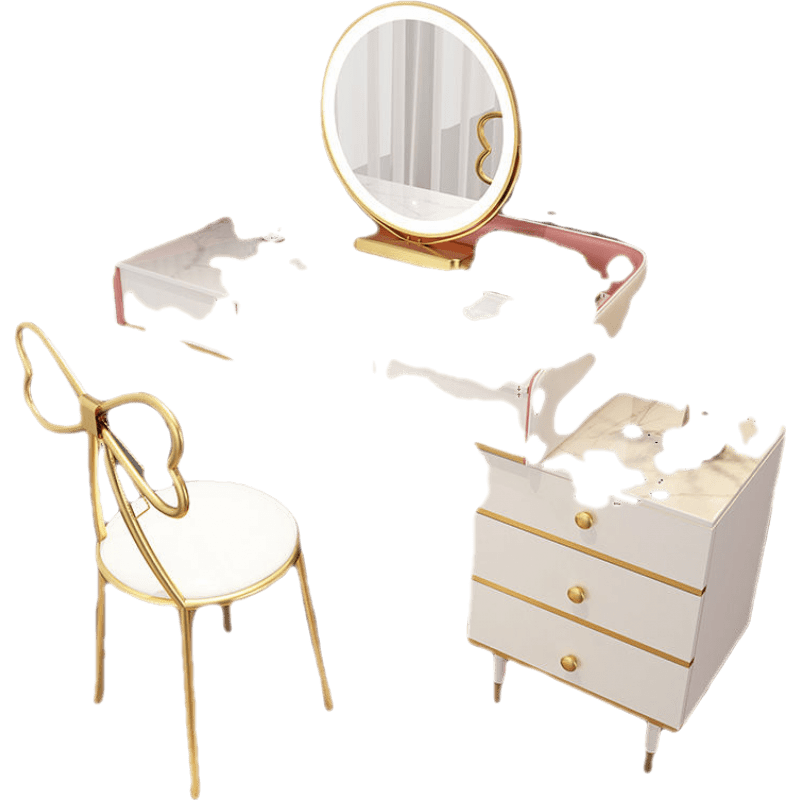 千番町 梳妆台卧室现代简约小户型网红ins风化妆桌床头柜一体轻奢仿岩板女化妆台 粉白100CM桌+边柜+镜+ 蝴蝶 整装