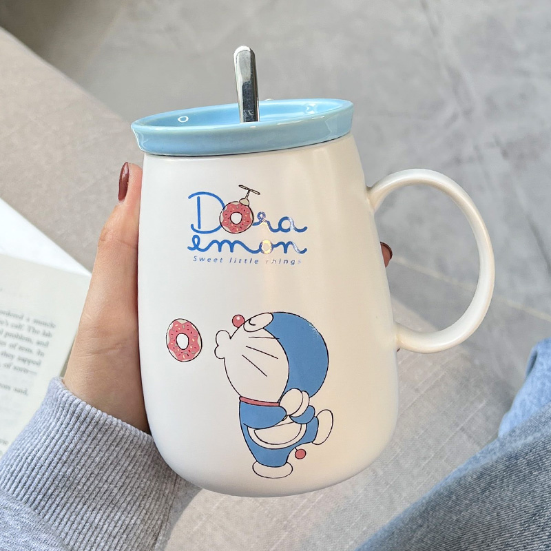 雷丰硕count qiabei哆啦a梦水杯大容量杯子陶瓷带盖勺马克杯家用可