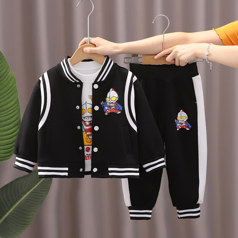 宝宝秋装网红套装洋气宝宝春秋儿童帅气三件套 黑色奥特曼亮灯三件套h