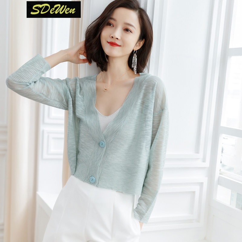 艾诗甜薄线衣女开衫冰丝女薄款宽松的上衣高腰短款披肩针织外搭外套