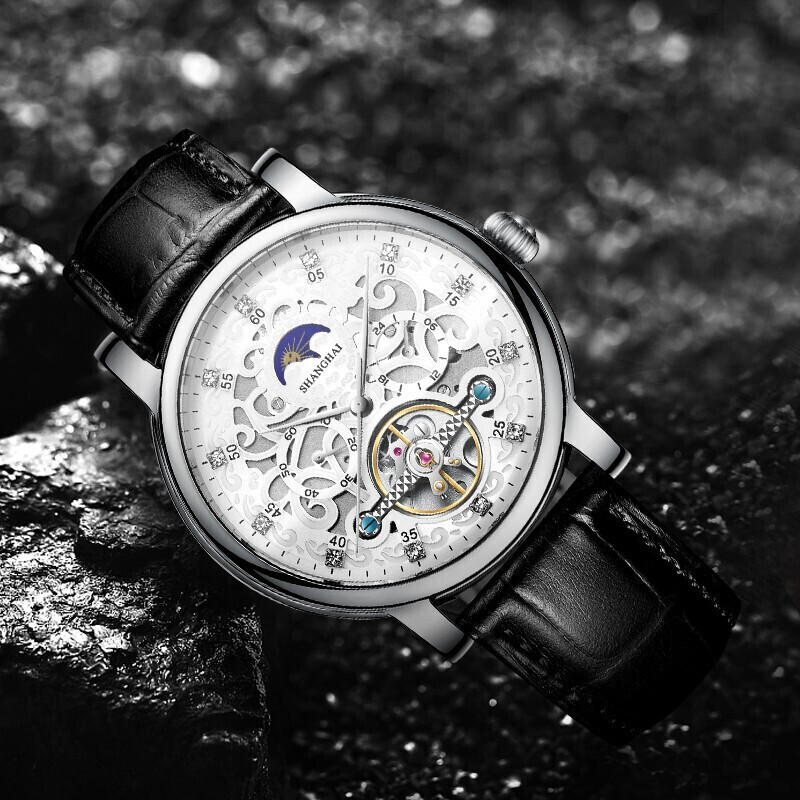上海shanghai手表剪影系列2022款日月星辰多功能飞轮自动机械钟表镂空