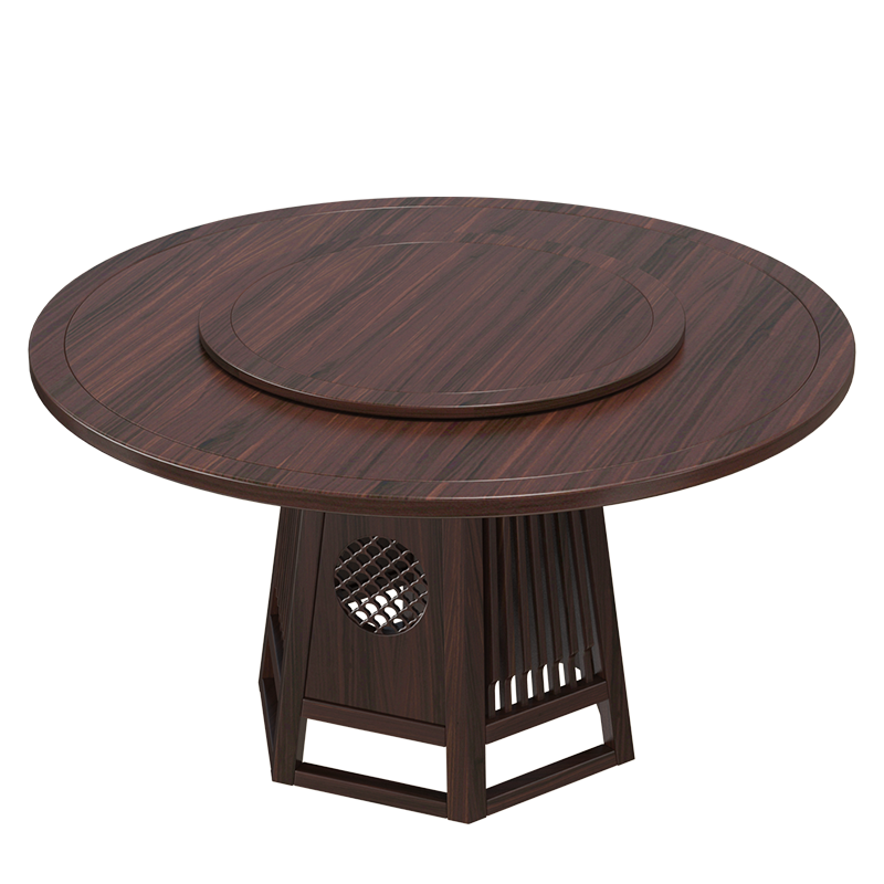 轩仕居餐桌 新中式圆桌现代简约实木餐桌椅组合乌金木色带转盘6人餐厅圆台酒店大圆桌形雕花餐台椅套装 1.35米圆桌
