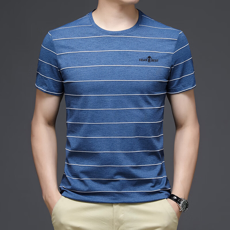 中年夏装新款丝光棉短袖韩版时尚t恤男士冰丝中年人上衣男装 深蓝色 l