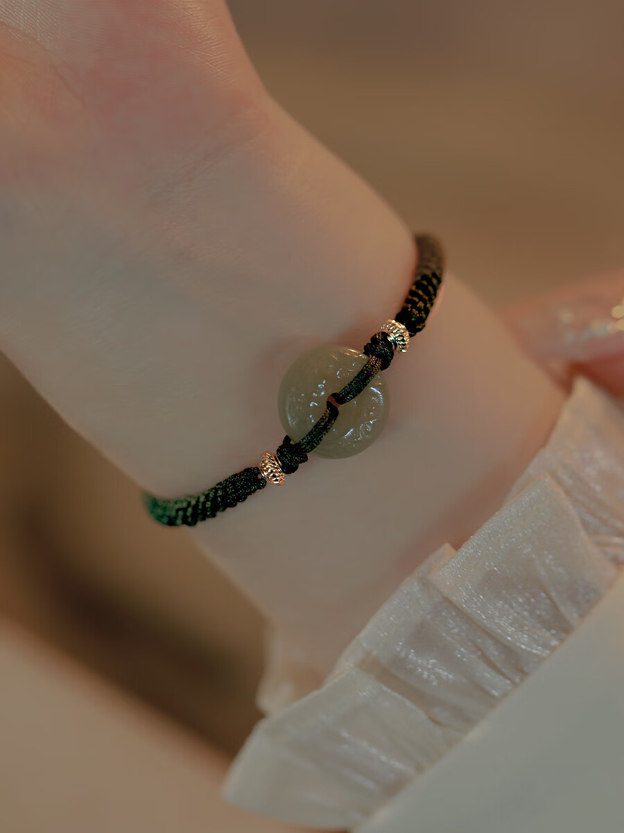 snqp绳编手链青青子佩和田玉平安扣玉石编织手绳女 编绳手链 单条 13.