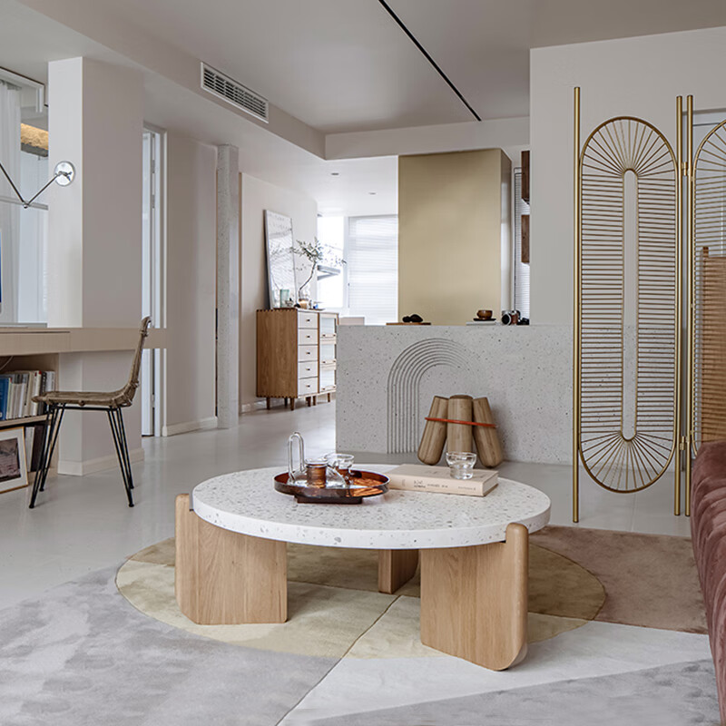 渺帆吉诺威北欧实木大理石大小圆形茶几侘寂风原木极简创意水磨石茶几