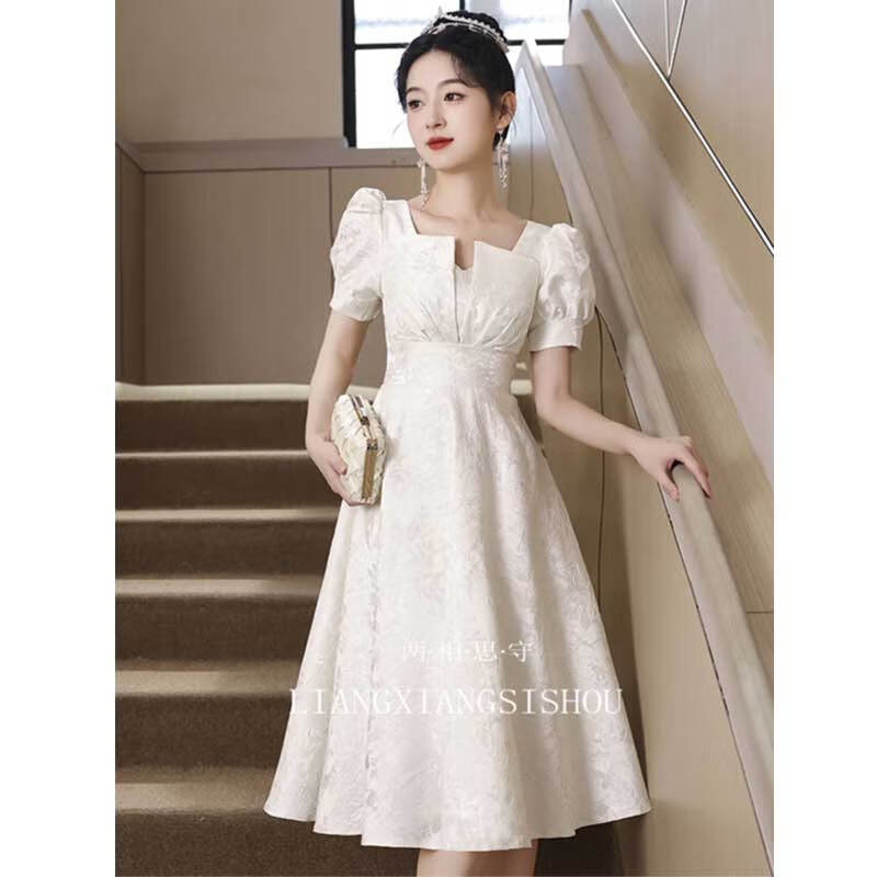 塞德勒晚禮服輕奢小眾高端訂婚白色日?？纱┙^美公主裙成人禮女孩主持人 米白色 2XL