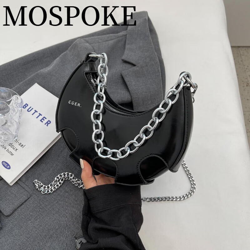 mospoke今流行小众包包2023女包洋气百搭链条斜挎包单肩腋下包 黑色