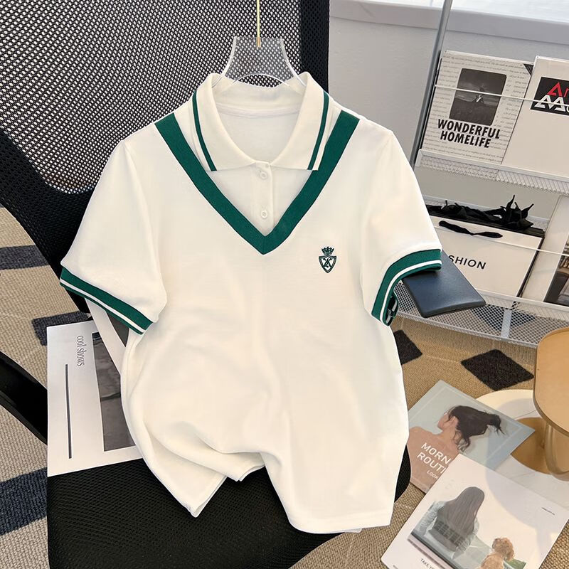 新款2023学生大码polo领假两件t恤韩版宽松休闲体 乳白色 l 80-120斤