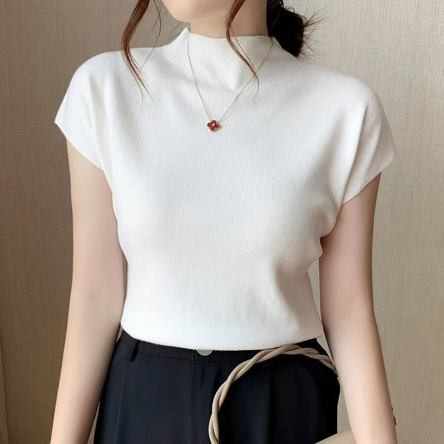 vjwk女士热天穿的衣服修身型半袖衫2023新款夏季纯色半高领短袖上衣冰