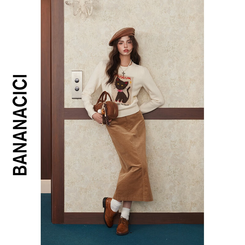 banana cici2024年冬季新款复古百搭灯芯绒直筒高腰中长款半身裙C2F4QZ187 咖啡色 M